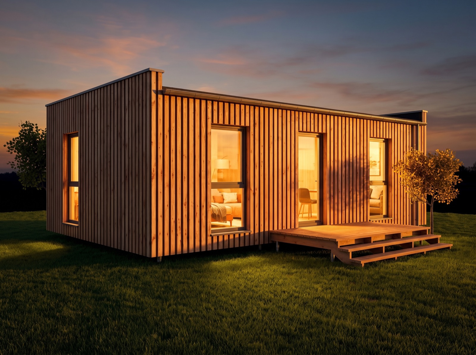 Tiny Haus am Abend mit warmer Innenbeleuchtung