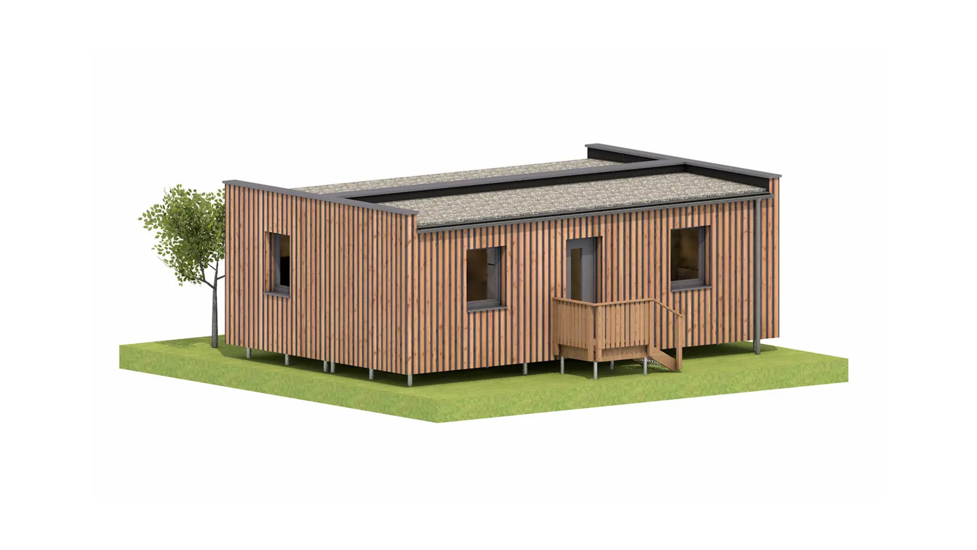 Tiny Haus Visualisierung mit Holzfassade und Terrasse